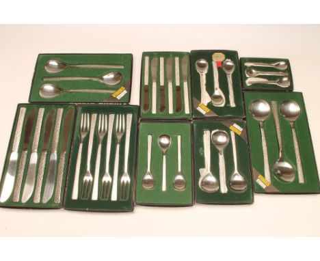 GERALD BENNEY FOR VINERS, a stainless steel "Studio" table service comprising six each dessert, soup, fruit and coffee spoons