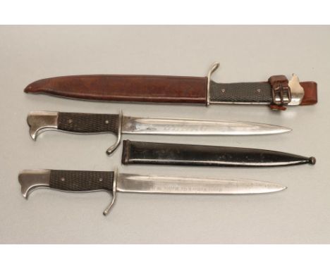 THREE GERMAN MINIATURE ADVERTISING M. 98 BAYONETS, one with maker's mark for Solingen, blade inscribed "B. H. ROSENDAHL" and 