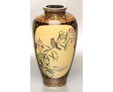 A CLOISONNE ENAMEL VASE of rounded cylindrical form, inlaid in colours with panels of birds and insects amongst flowering bra