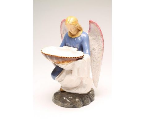 AN ITALIAN DELLA ROBBIA STYLE MAIOLICA ANGEL, late 19th century, modelled kneeling wearing a blue robe, holding a shell dish,