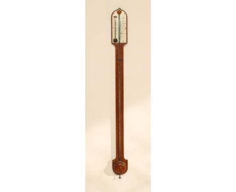 AN OAK CASED STICK BAROMETER by Negretti &amp; Zambra, London, with enclosed mercury tube, thermometer and ivory registers, t