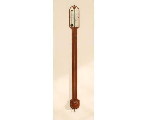 AN OAK CASED STICK BAROMETER by Negretti &amp; Zambra, London, with enclosed mercury tube, thermometer and ivory registers, t