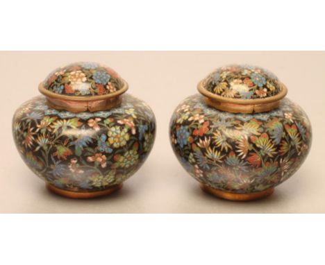 A PAIR OF CHINESE CLOISONNE ENAMEL INK WELLS, COVERS AND LINERS, of squat globular form inlaid in colours with scrolling foli
