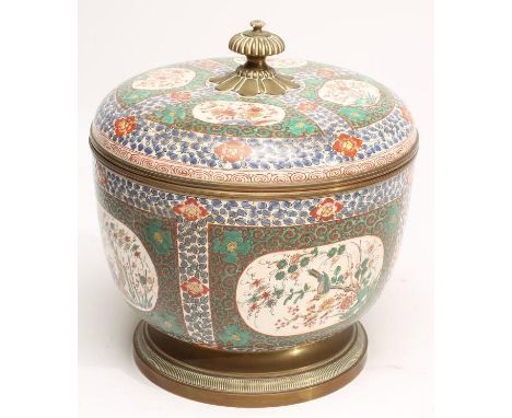 A JAPANESE EARTHENWARE LARGE BOWL AND COVER of plain rounded cylindrical form, on-glaze painted in colours with oval panels o