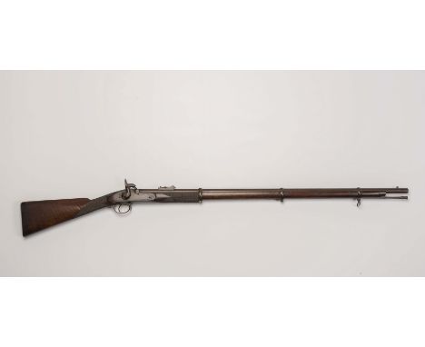 A THREE BAND ENFIELD TYPE PERCUSSION RIFLE, with 39" barrel, front sight, adjustable rear sight, plain lock, three quarter le