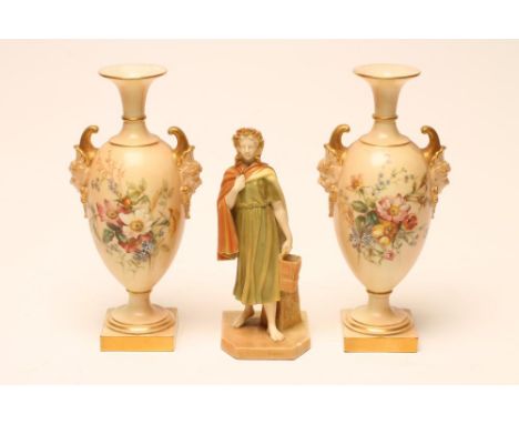 A PAIR OF ROYAL WORCESTER CHINA BLUSH IVORY VASES, 1899, of slender ovoid form with collared neck and flared rim and satyr ma