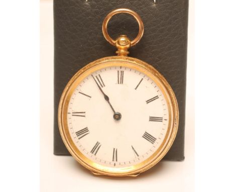 A KEY WIND SMALL POCKET WATCH, the white enamel dial with black Roman numerals, jewelled bar lever movement with hinged metal