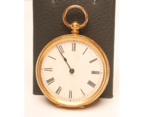 A KEY WIND SMALL POCKET WATCH, the white enamel dial with black Roman numerals, jewelled bar lever movement with hinged metal