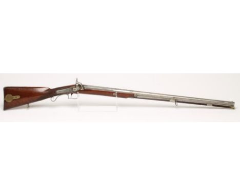 A PERCUSSION SPORTING GUN, mid 19th century, with 32" sighted barrel octagonal at the breech inscribed "E &amp; W BOND 45 COR