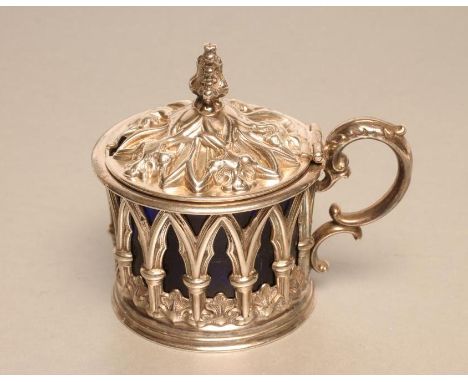 AN EARLY VICTORIAN SILVER GOTHIC DRUM MUSTARD, maker Henry Wilkinson &amp; Co., Sheffield 1839, (Wm. IV duty mark), the cylin