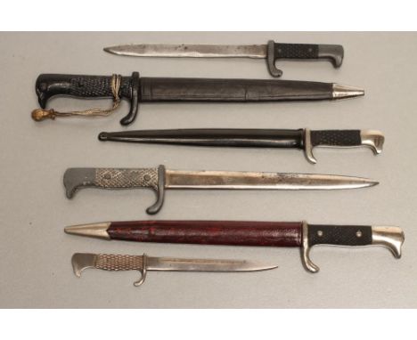 SIX GERMAN MINIATURE M. 98 BAYONETS, 1918-39, two with D. Peres maker's mark, two with leather scabbards, one metal scabbard,