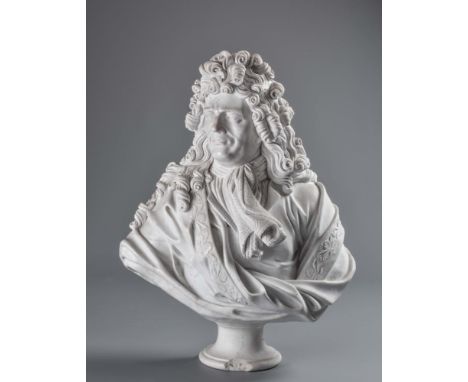 A CARVED CARRARA MARBLE BAROQUE BUST OF A NOBLEMAN, possibly French, 19th century, wearing a cravat and heavily draped cloak,