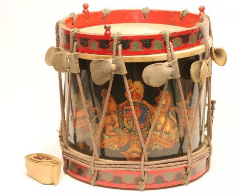 A ROYAL AIR FORCE DRUM, bearing Royal coat of arms with Air Force banners, strung exterior and associated belt, 15 1/2" x 15"