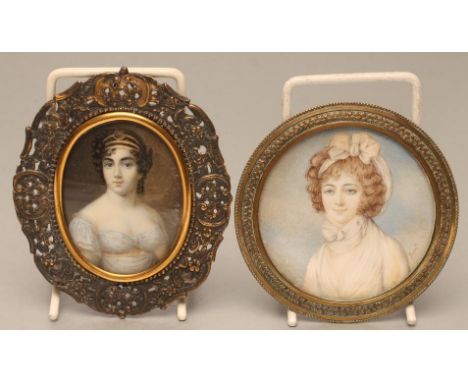 ENGLISH SCHOOL (Late 18th Century), A Lady in a White Dress and Hairband, portrait roundel on ivory, indistinctly signed, 2 3