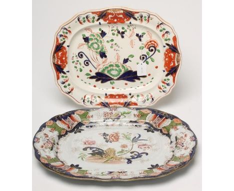 AN EARLY VICTORIAN DAVENPORT STONE CHINA MEAT PLATE of shaped oblong form, painted in the Imari palette with foliage, puce pr