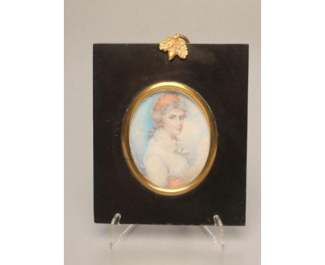 ENGLISH SCHOOL (Late 18th Century), A Lady in a White Dress with apricot waistband and hairband, oval portrait miniature on i