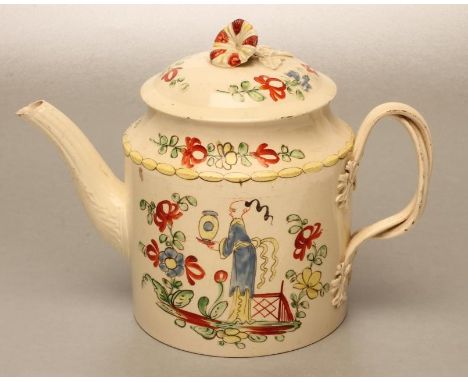 A CREAMWARE TEAPOT AND COVER, probably Yorkshire, c.1780's, of cylindrical form with swept shoulders, foliate and reed moulde