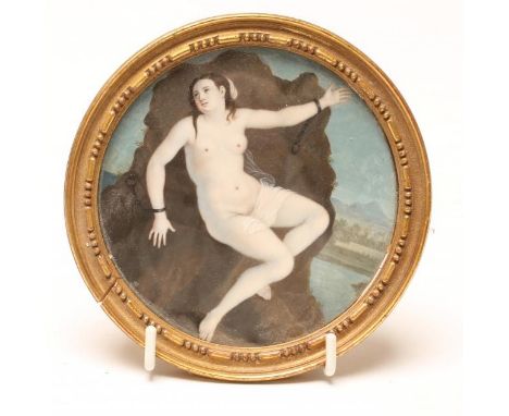 ENGLISH SCHOOL (19th Century), Portrait of Andromeda chained to the Rocks, unsigned, roundel on ivory, 5 1/2" wide, gilt fram