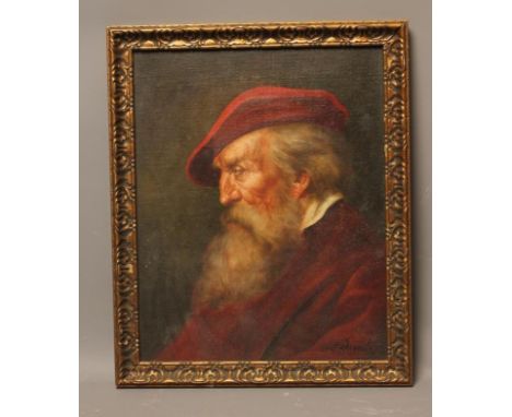 CONTINENTAL SCHOOL (19th Century), Portrait of an Elderly Gentleman with White Beard and and wearing a Red Cap and Cloak, hea