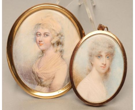 ENGLISH SCHOOL (Early 19th Century), A Lady in a Cream Dress with Hairband, oval portrait miniature on ivory, unsigned, 3 1/2