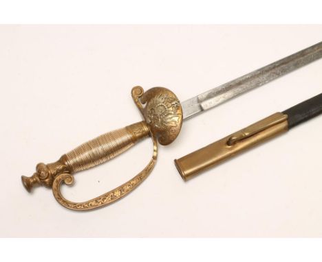 A PRUSSIAN COURT SWORD, the 31 3/4" fullered blade etched with cannon, crossed swords and instruments amid foliate scrolls, b
