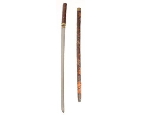 A WAKAZASHI SWORD STICK, with 24" blade, undulating hamon, cherry bark stick and ivory pommel, 34 3/4" long (Est. plus 21% pr