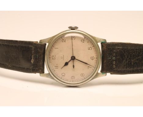 A MILITARY ISSUE OMEGA WRISTWATCH, the matt silvered dial with black Arabic numerals, blued steel hands and centre seconds ha