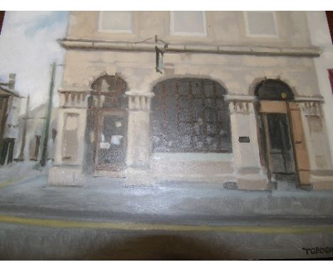 Trevor Geoghegan (Irish, b. 1946). The Corner of Basin St, Naas. Oil on panel, 13x13ins.