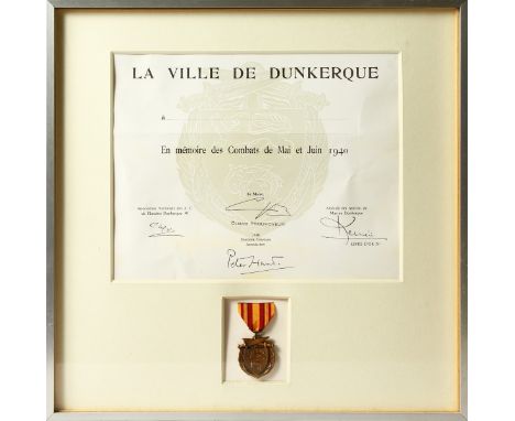 LA VILLE DE DUNKERQUE VETERANS ASSOCIATION MEDAL AND CITATION, along with three other medals.
