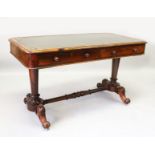 A VICTORIAN MAHOGANY RECTANGULAR TOP LIBRARY TABLE, with inset leather top, two frieze drawers