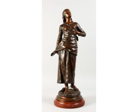 EDOUARD DROUOT (1859-1945) FRENCH A VERY GOOD BRONZE FIGURE OF A YOUNG GIRL. Signed, on a circular marble base.  28ins high.
