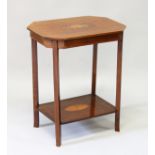 A VICTORIAN MAHOGANY INLAID OCTAGONAL TOP TABLE with tapering legs and under tier. 1ft 8ins high.