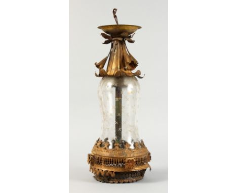 AN UNUSUAL ITALIAN BELL SHAPED HANGING LANTERN, etched glass and metal.
