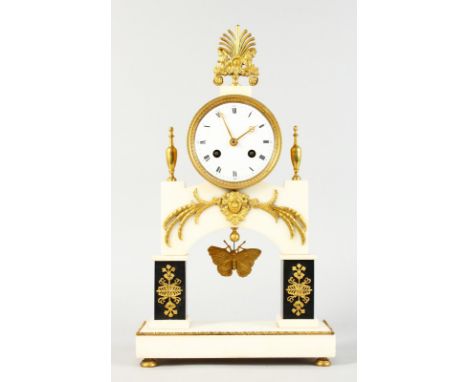 A GOOD EMPIRE WHITE MARBLE CASED MANTLE CLOCK, with eight-day drum movement, ormolu mounts and butterfly pendulum. 17ins high