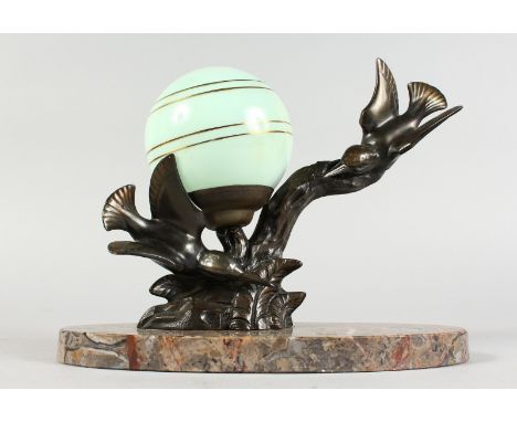 AN ART DECO LAMP, DIVING KINGFISHERS ON A MARBLE BASE with green globe. 10ins long.