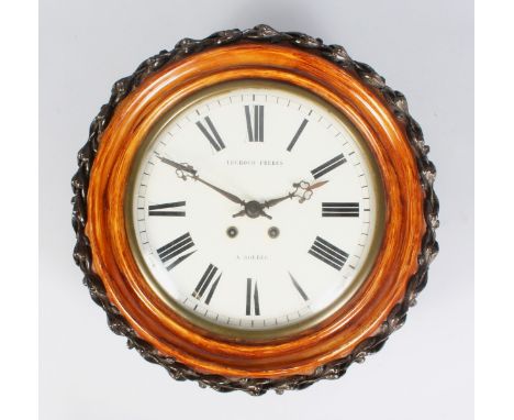 A 19TH CENTURY FRENCH WALL CLOCK, with circular painted dial, signed LE CROCO FRERES, A BOLBEC. 19ins diameter.