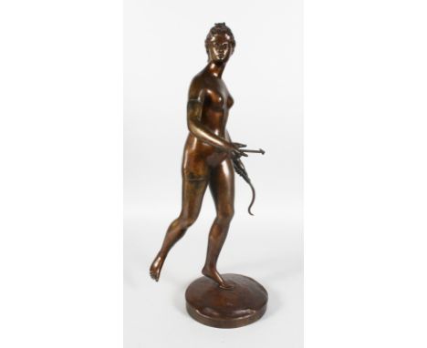 JEAN-ANTOINE HOUDON (1741-1828) FRENCH A GOOD STANDING BRONZE FIGURE OF DIANA THE HUNTRESS, with bow in one hand, an arrow in