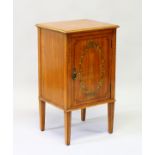 A VICTORIAN SHERATON REVIVAL SATINWOOD PAINTED CUPBOARD with single panel door on tapering legs. 2ft
