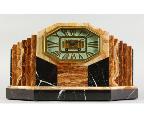 A 1920'S ART DECO MANTLE CLOCK with various coloured marbles. 16ins wide.