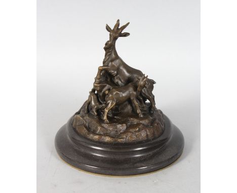 AFTER LEONARDO BISTOLFI. MOUNTAIN GOAT HERD. Patinated bronze on a slate base. Signed. 6ins high.