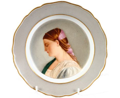 A 19TH CENTURY MEISSEN PLATE with portrait of a girl. Cross swords mark in blue.  7.5ins diameter.
