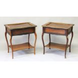 A GOOD PAIR OF VICTORIAN MAHOGANY INLAID BIJOUTERIE TABLES with blue velvet interiors, marquetry