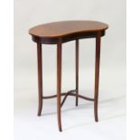 AN EDWARDIAN MAHOGANY INLAID KIDNEY SHAPED TABLE on curving legs with cross stretcher.