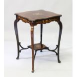 A VICTORIAN ROSEWOOD INLAID SQUARE TOP OCCASIONAL TABLE on curving legs with under tier. 1ft ins