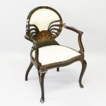 A GOOD VICTORIAN ROSEWOOD INLAID CURVING ARMCHAIR, with silk seat on curving legs.