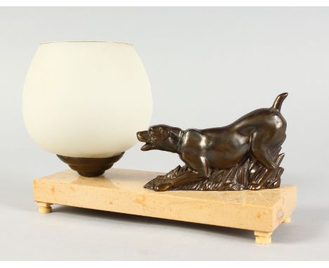 AN ART DECO LAMP, DOG ON A MARBLE BASE with frosted globe. 8.5ins long.