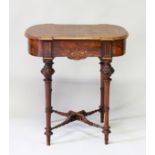 A GOOD VICTORIAN FIGURED WALNUT INLAID WORK BOX, the rising top opening to reveal a fitted maplewood