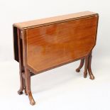 A LARGE VICTORIAN MAHOGANY FOLDING SUTHERLAND TABLE, with gate-leg support, vase and curving feet.