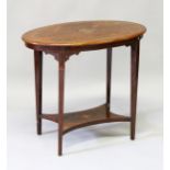 AN EDWARDIAN MAHOGANY INLAID OVAL TABLE with curving legs and an under tier. 2ft 2ins wide.