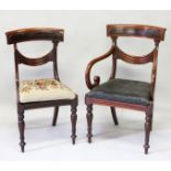 A REGENCY MAHOGANY ARMCHAIR with padded seat on turned legs, with matching single chair.